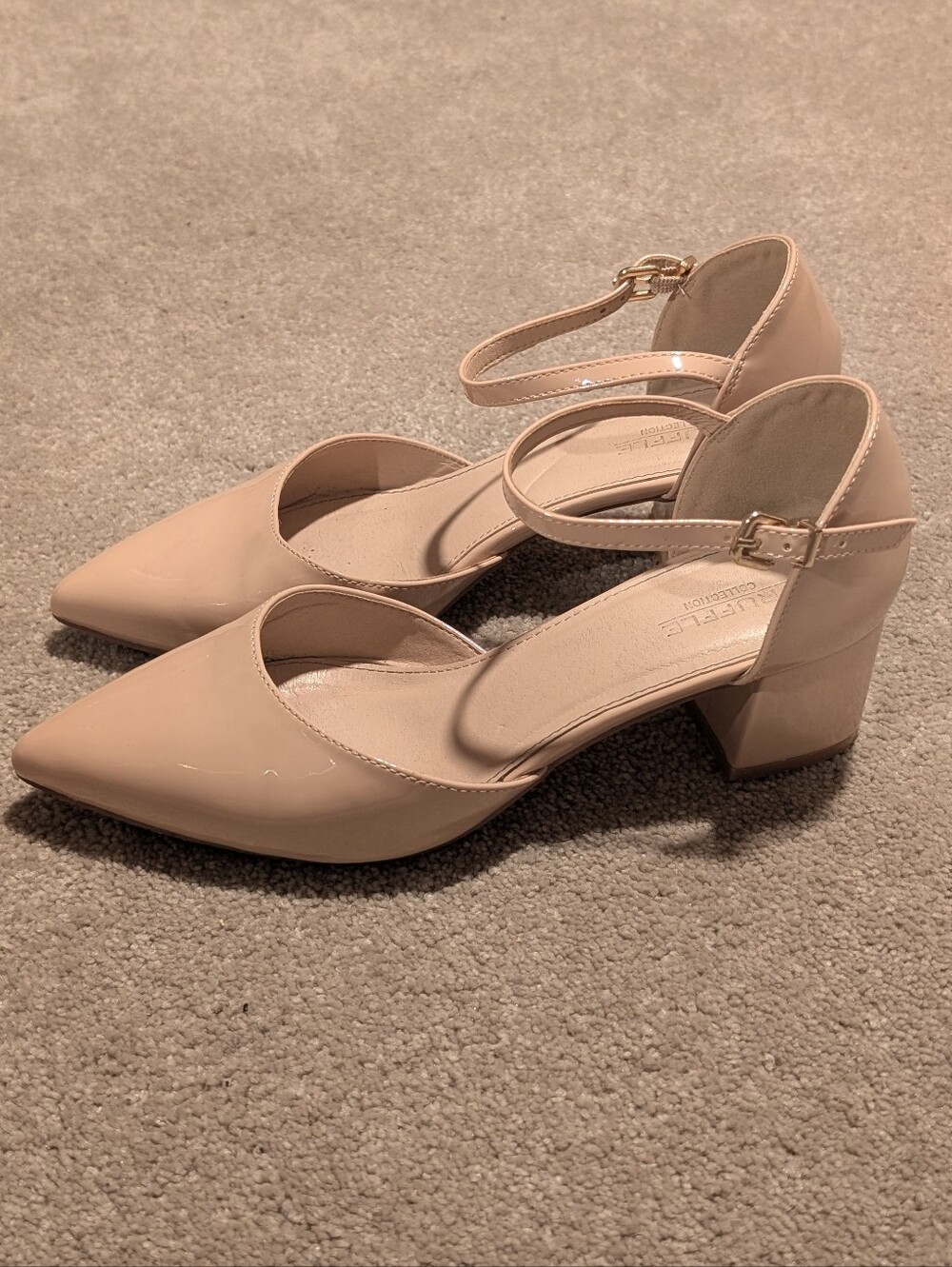 Women's Pointed-Toe Ankle-Strap Pumps in Nude Patent Block Heel